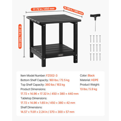 Outdoor Side Table 2-Tier HDPE Outside End Table for Indoor Backyard Black