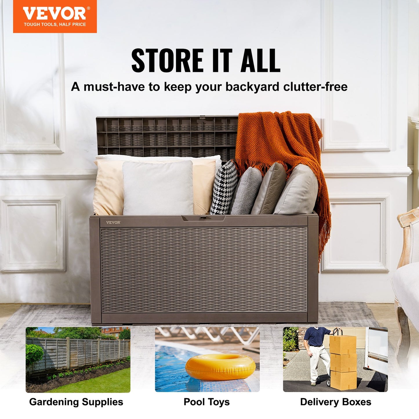 VEVOR Deck Box, 100 Gallon Outdoor Storage Box, 48.0" x 21.5" x 24.5", Waterproof