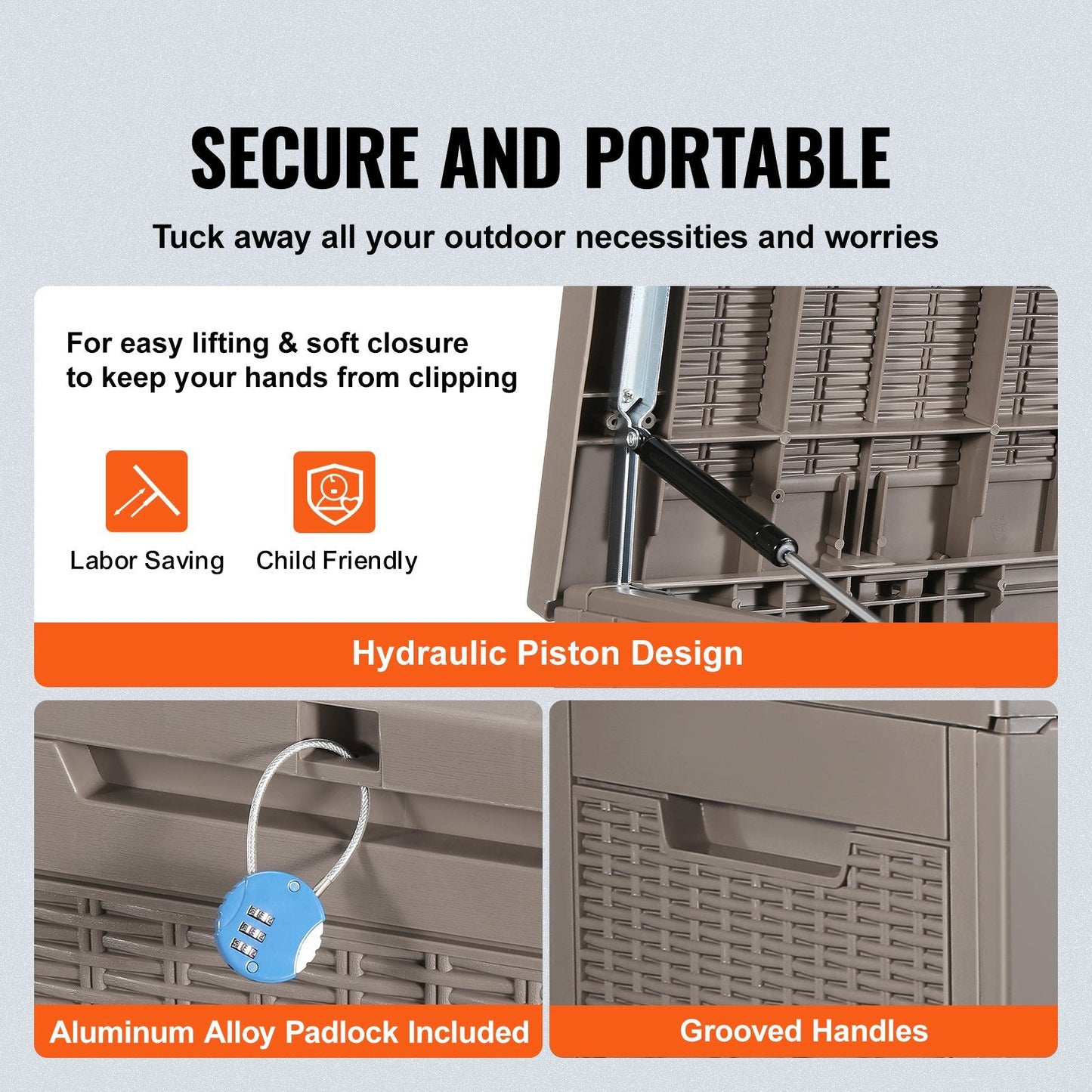 100 Gallon Waterproof Outdoor Storage Box with Lock, Gray, 1.22m x 0.54m x 0.62m