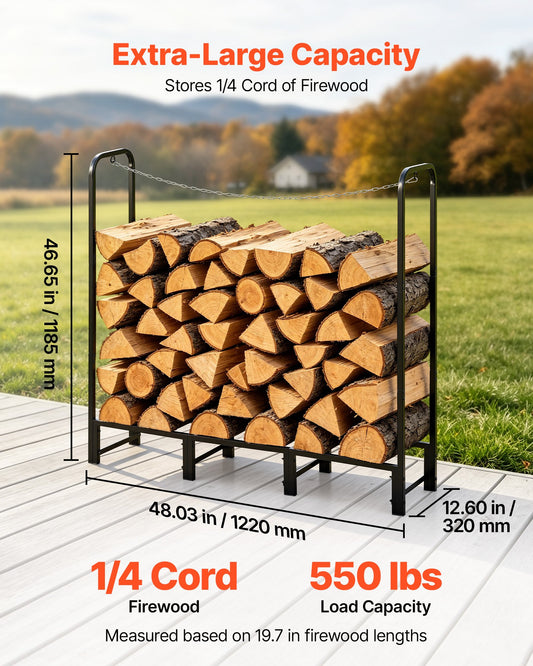 Firewood Rack 1220 mm 1/4 Cord Heavy Duty Outdoor Wood Storage Holder, for Fireplace Patio Deck, 250 kg Load Capacity, Carbon Steel Frame Fire Log Stacker Stand, Metal Wood Pile Organizer, Black