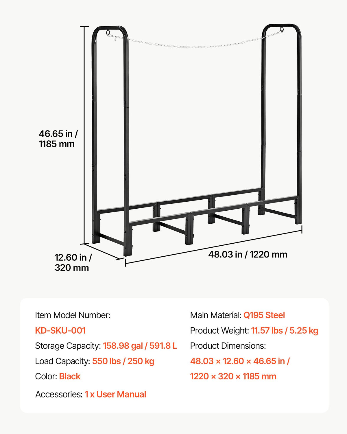 Firewood Rack 1220 mm 1/4 Cord Heavy Duty Outdoor Wood Storage Holder, for Fireplace Patio Deck, 250 kg Load Capacity, Carbon Steel Frame Fire Log Stacker Stand, Metal Wood Pile Organizer, Black