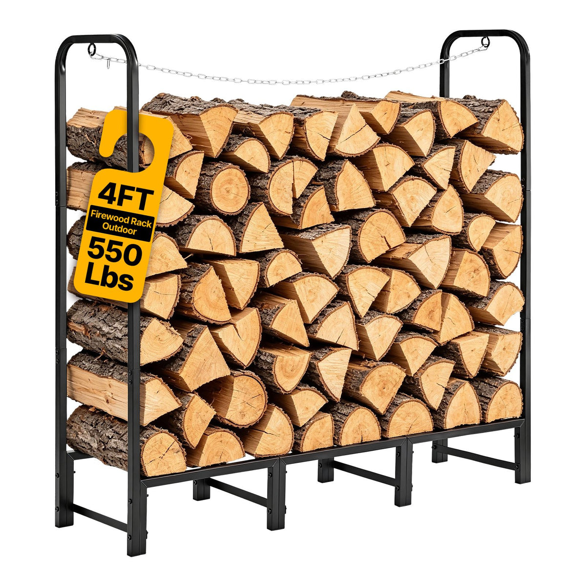 Firewood Rack 1220 mm 1/4 Cord Heavy Duty Outdoor Wood Storage Holder, for Fireplace Patio Deck, 250 kg Load Capacity, Carbon Steel Frame Fire Log Stacker Stand, Metal Wood Pile Organizer, Black