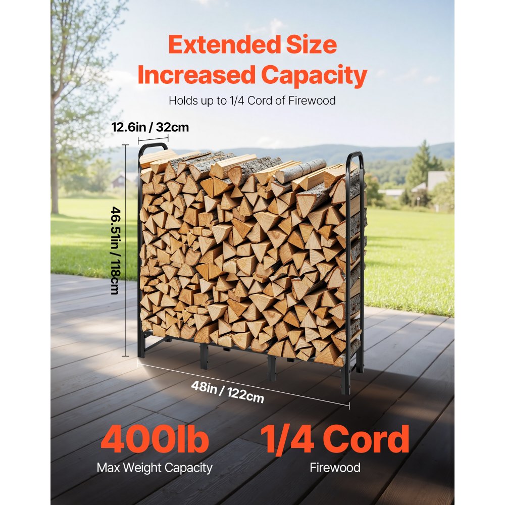 Firewood Rack with Waterproof Cover, 1.22m Outdoor Firewood Holder, 1/4 Cord Storage Metal Log Holder, 400lb Max Weight Capacity, Top Covered, Powder-Coated Wood Storage Rack for Fireplace Deck
