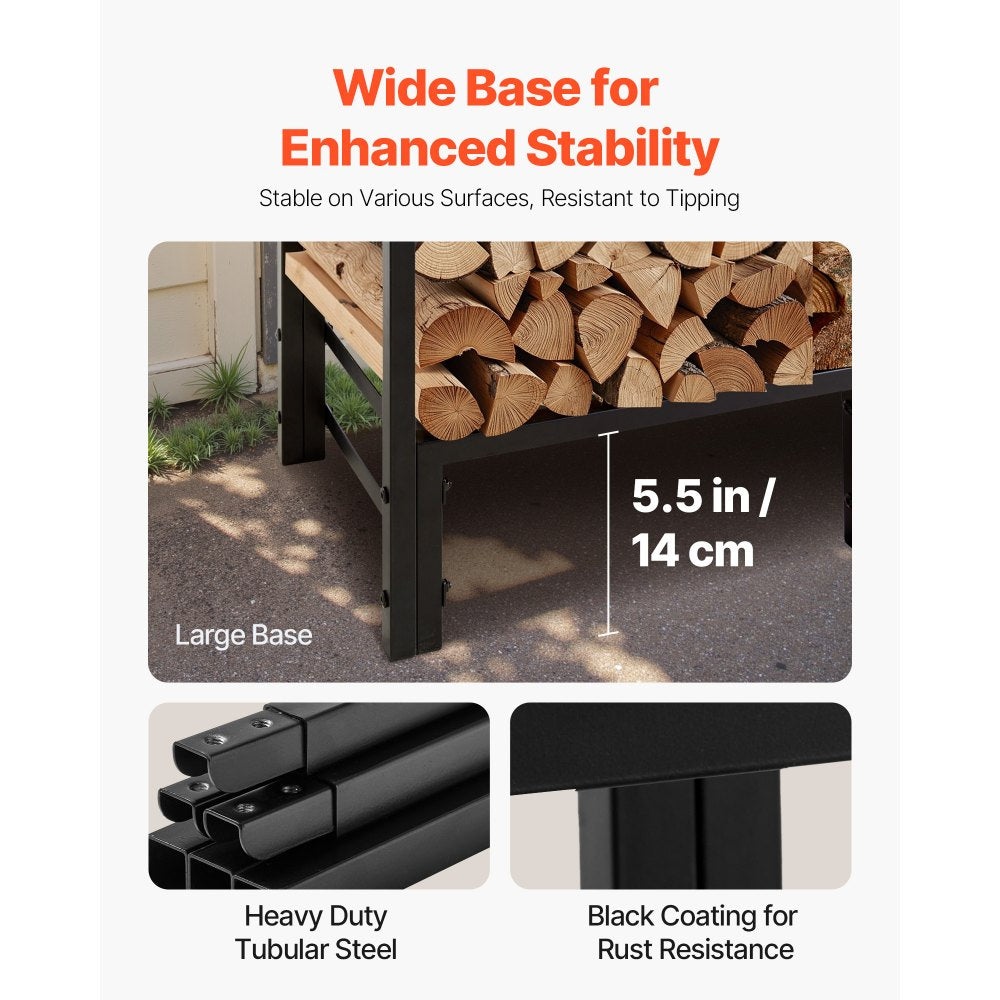 Firewood Rack with Waterproof Cover, 1.22m Outdoor Firewood Holder, 1/4 Cord Storage Metal Log Holder, 400lb Max Weight Capacity, Top Covered, Powder-Coated Wood Storage Rack for Fireplace Deck
