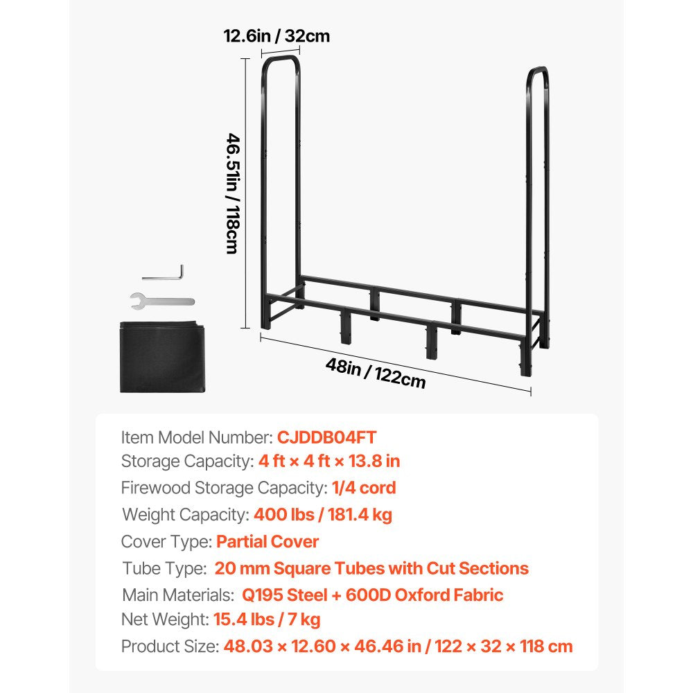 Firewood Rack with Waterproof Cover, 1.22m Outdoor Firewood Holder, 1/4 Cord Storage Metal Log Holder, 400lb Max Weight Capacity, Top Covered, Powder-Coated Wood Storage Rack for Fireplace Deck