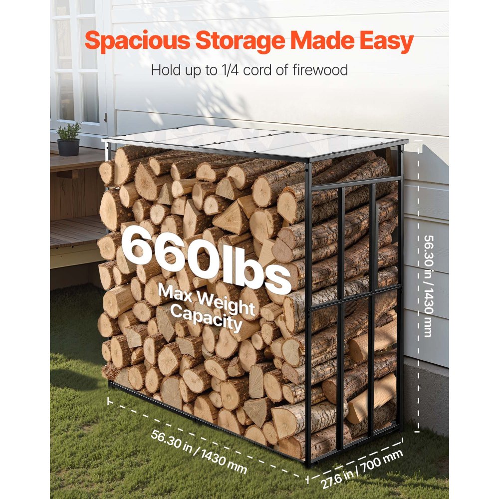 Firewood Rack with Sloped Roof, 143cm Outdoor Firewood Holder, 1/4 Cord Log Storage Shed, 299kg Max Weight Capacity, Powder-Coated Metal Wood Storage Rack for Fireplace Deck Backyard Garden