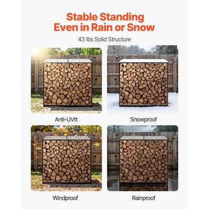 Firewood Rack with Sloped Roof, 143cm Outdoor Firewood Holder, 1/4 Cord Log Storage Shed, 299kg Max Weight Capacity, Powder-Coated Metal Wood Storage Rack for Fireplace Deck Backyard Garden