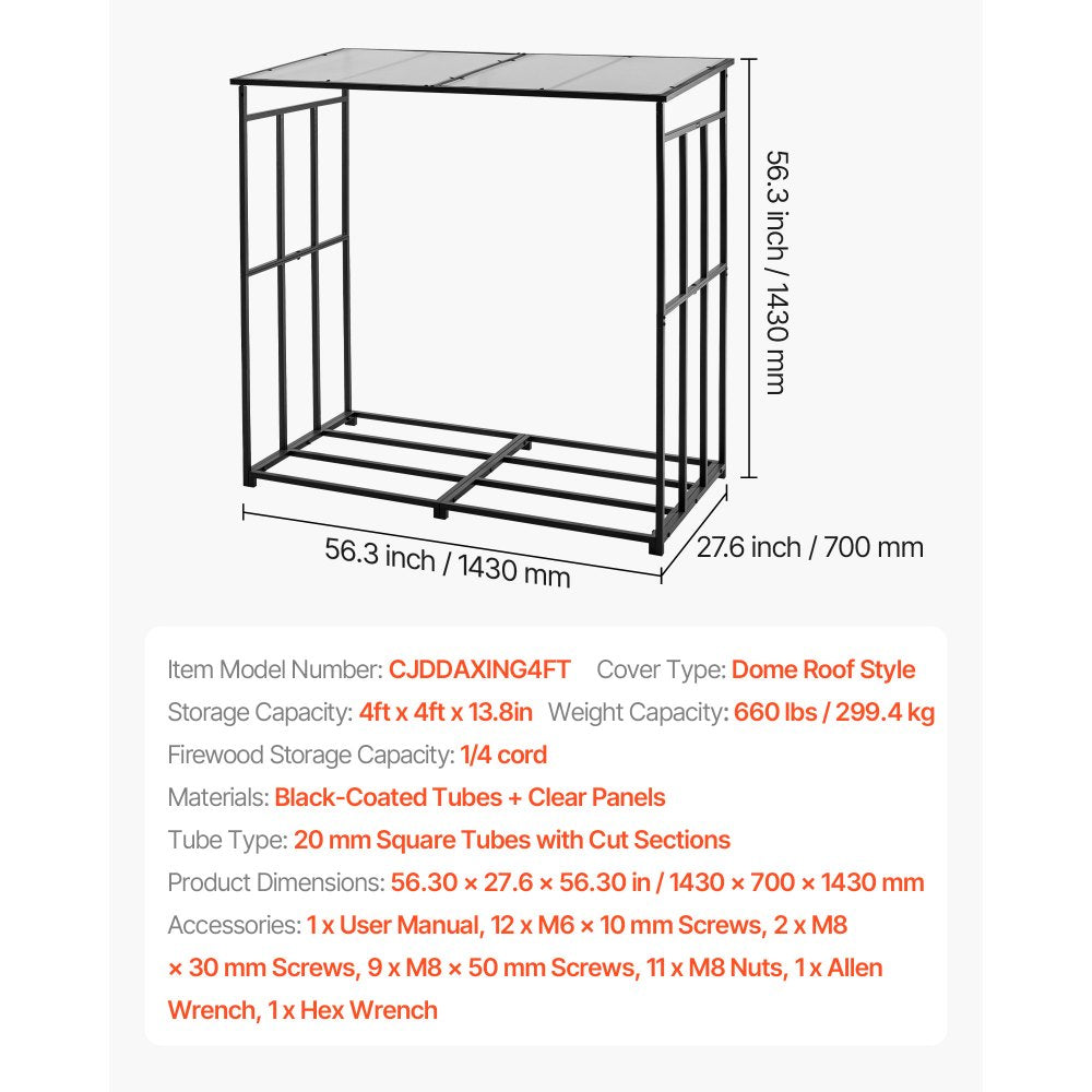 Firewood Rack with Sloped Roof, 143cm Outdoor Firewood Holder, 1/4 Cord Log Storage Shed, 299kg Max Weight Capacity, Powder-Coated Metal Wood Storage Rack for Fireplace Deck Backyard Garden