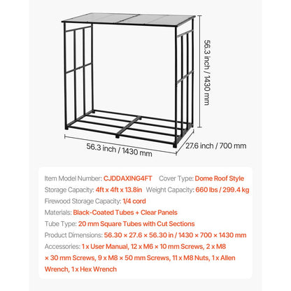 Firewood Rack with Sloped Roof, 143cm Outdoor Firewood Holder, 1/4 Cord Log Storage Shed, 299kg Max Weight Capacity, Powder-Coated Metal Wood Storage Rack for Fireplace Deck Backyard Garden