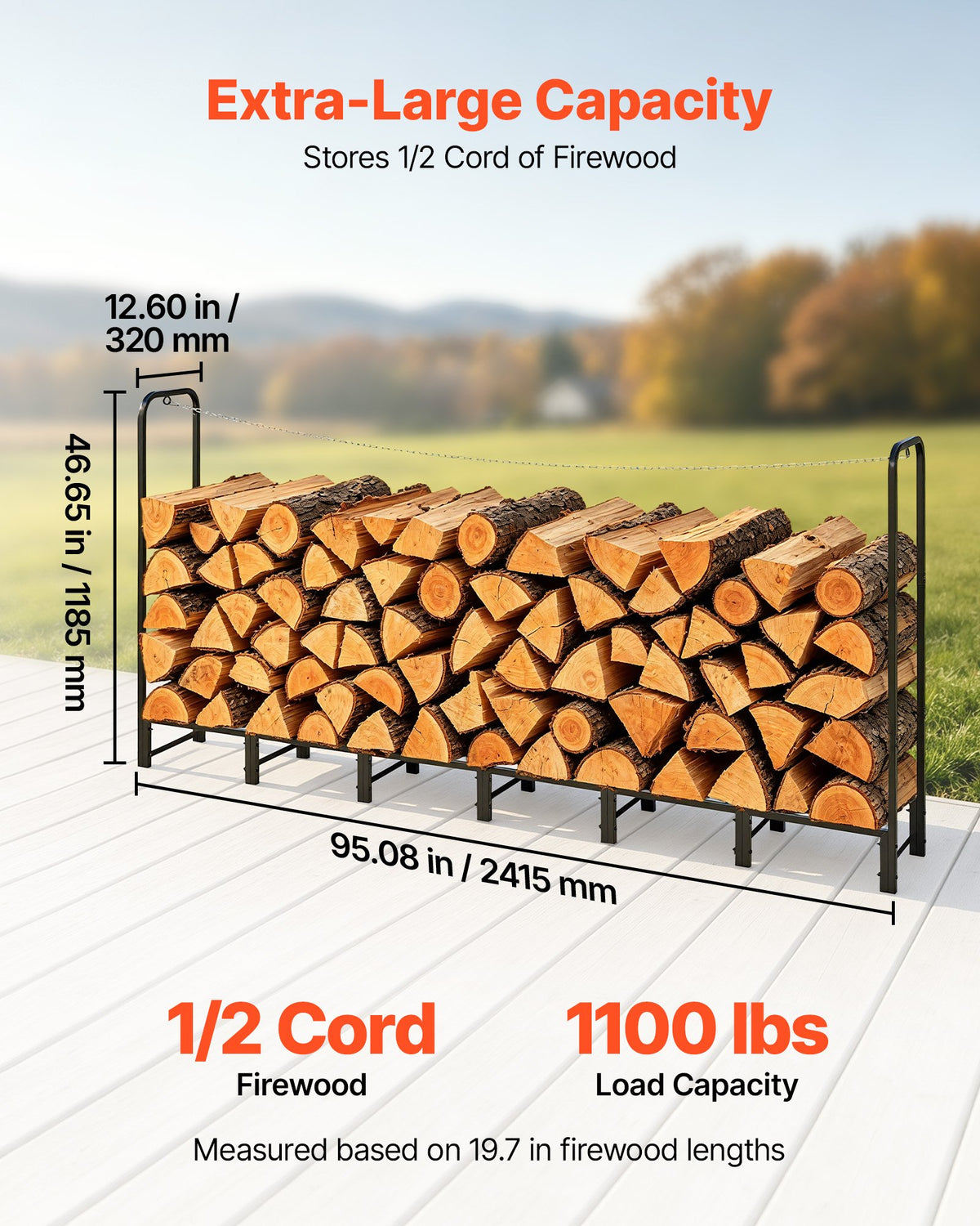 Firewood Rack 2415 mm 1/2 Cord Heavy Duty Outdoor Wood Storage Holder, for Fireplace Patio Deck, 500 kg Load Capacity, Carbon Steel Frame Fire Log Stacker Stand, Metal Wood Pile Organizer, Black
