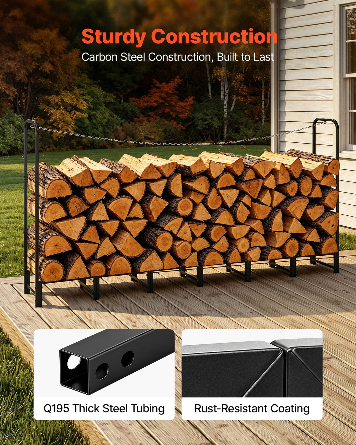 Firewood Rack 2415 mm 1/2 Cord Heavy Duty Outdoor Wood Storage Holder, for Fireplace Patio Deck, 500 kg Load Capacity, Carbon Steel Frame Fire Log Stacker Stand, Metal Wood Pile Organizer, Black
