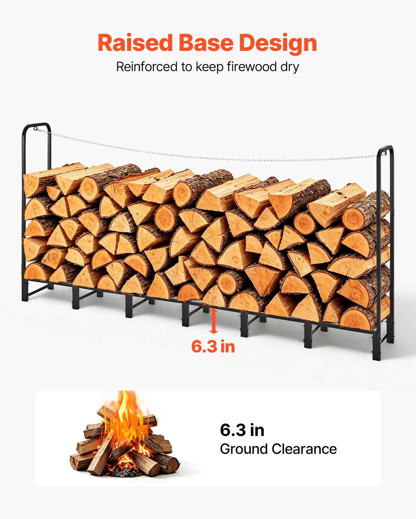 Firewood Rack 2415 mm 1/2 Cord Heavy Duty Outdoor Wood Storage Holder, for Fireplace Patio Deck, 500 kg Load Capacity, Carbon Steel Frame Fire Log Stacker Stand, Metal Wood Pile Organizer, Black