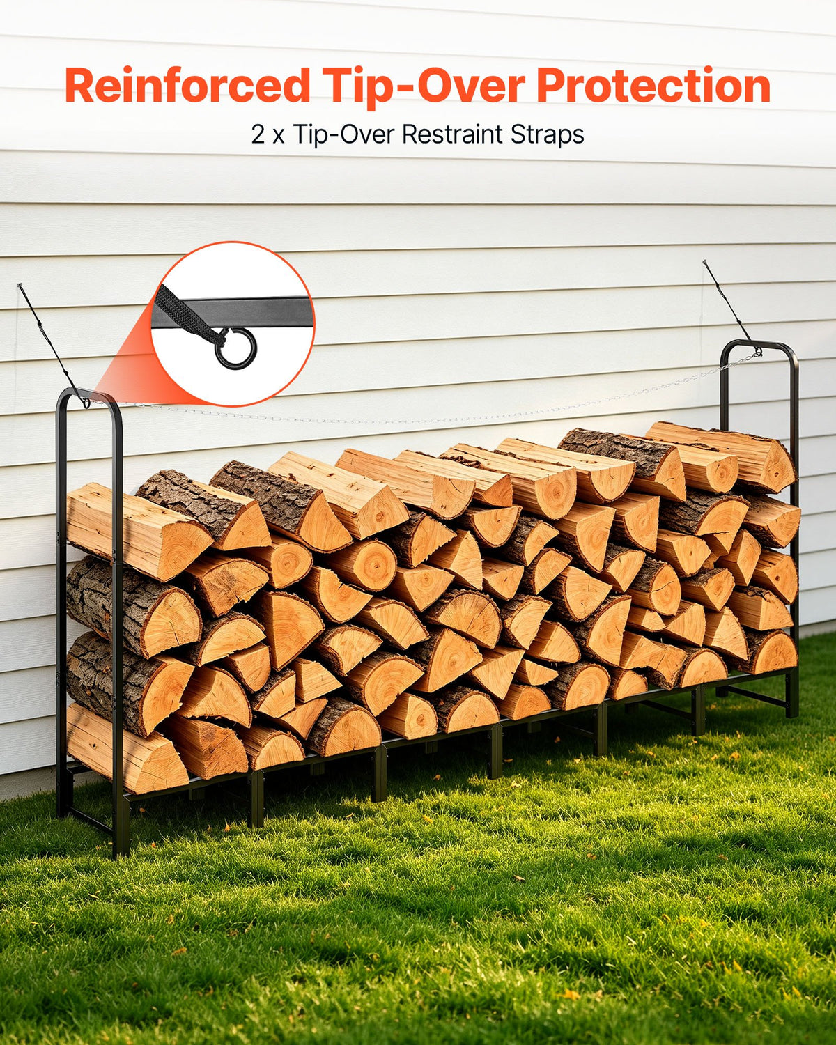 Firewood Rack 2415 mm 1/2 Cord Heavy Duty Outdoor Wood Storage Holder, for Fireplace Patio Deck, 500 kg Load Capacity, Carbon Steel Frame Fire Log Stacker Stand, Metal Wood Pile Organizer, Black