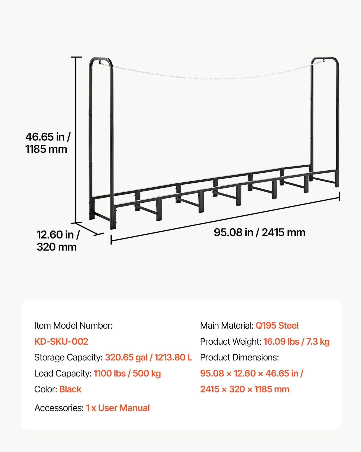 Firewood Rack 2415 mm 1/2 Cord Heavy Duty Outdoor Wood Storage Holder, for Fireplace Patio Deck, 500 kg Load Capacity, Carbon Steel Frame Fire Log Stacker Stand, Metal Wood Pile Organizer, Black