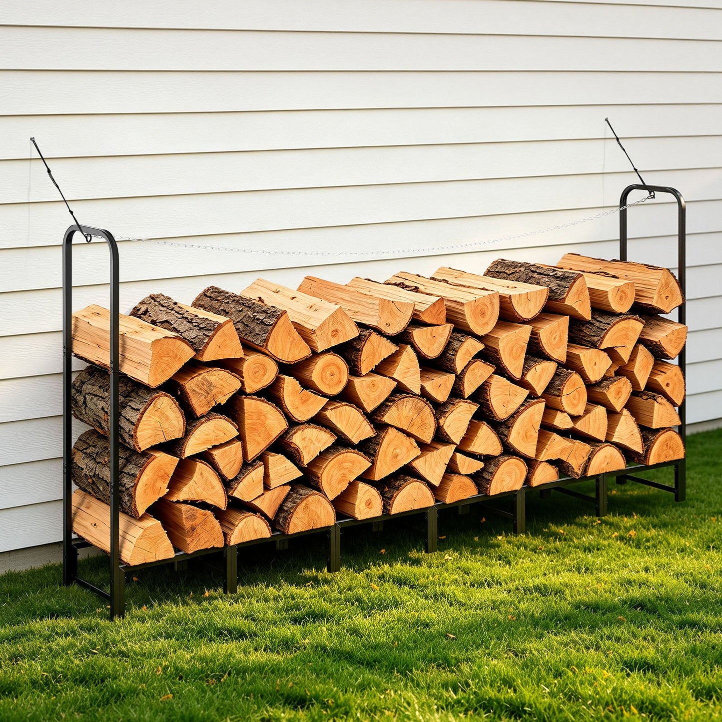 Firewood Rack 2415 mm 1/2 Cord Heavy Duty Outdoor Wood Storage Holder, for Fireplace Patio Deck, 500 kg Load Capacity, Carbon Steel Frame Fire Log Stacker Stand, Metal Wood Pile Organizer, Black