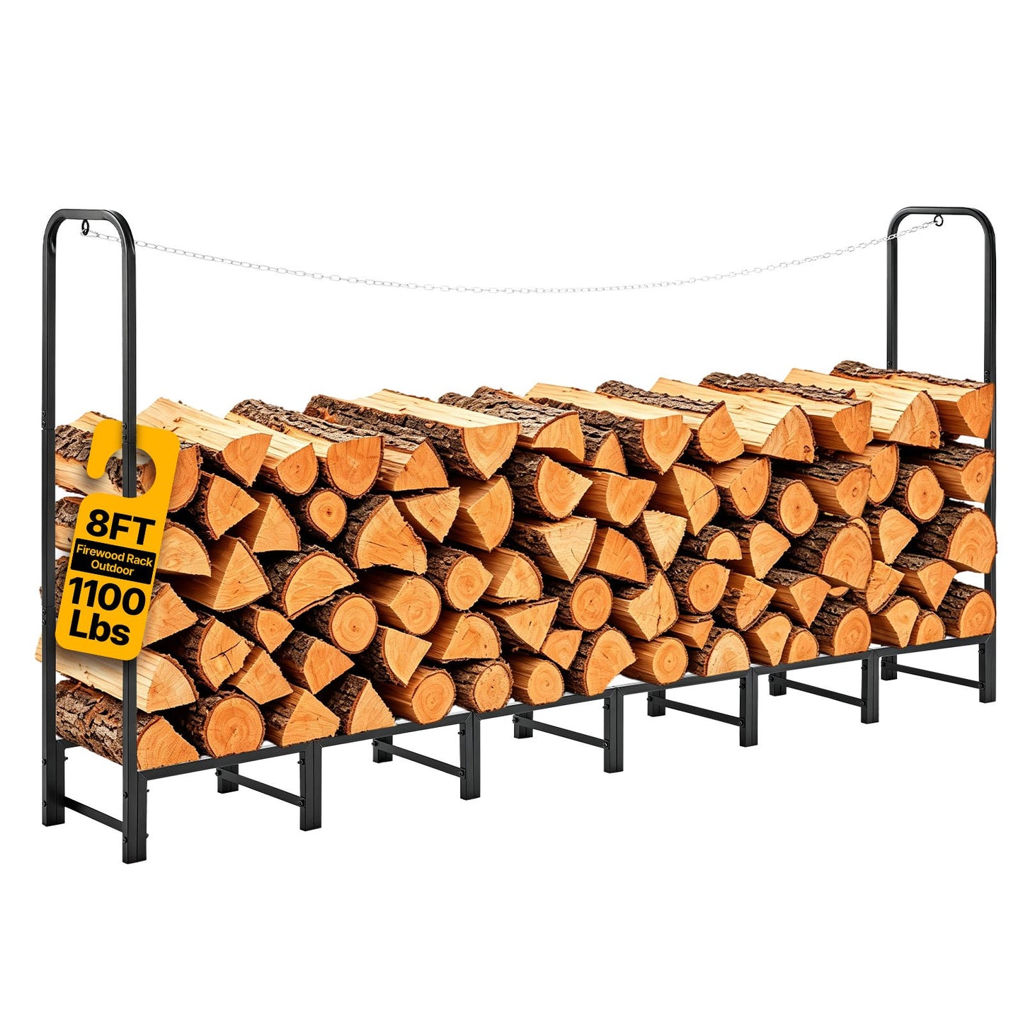 Firewood Rack 2415 mm 1/2 Cord Heavy Duty Outdoor Wood Storage Holder, for Fireplace Patio Deck, 500 kg Load Capacity, Carbon Steel Frame Fire Log Stacker Stand, Metal Wood Pile Organizer, Black