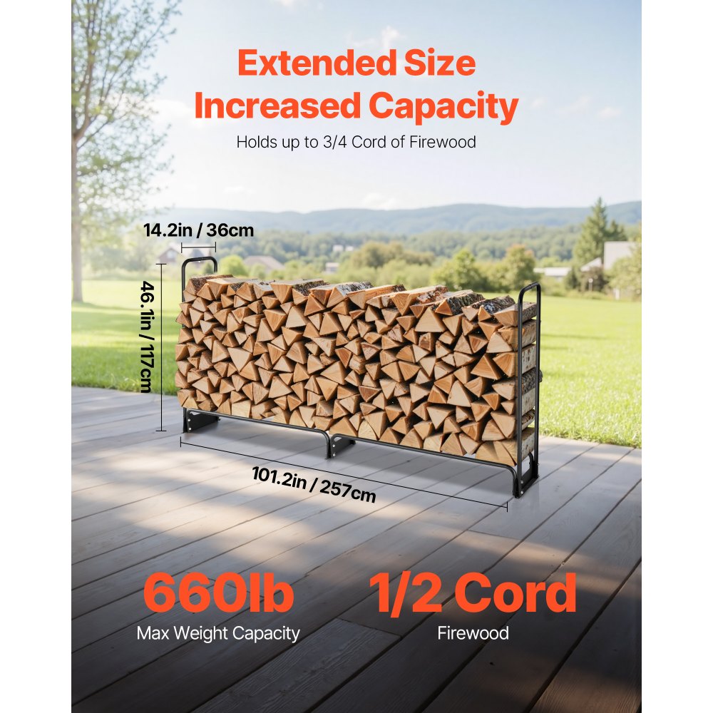 Firewood Rack with Waterproof Cover, 2.57m Outdoor Firewood Holder, 1/2 Cord Storage Metal Log Holder, 299kg Max Weight Capacity, Top Covered, Powder-Coated Wood Storage Rack for Fireplace Deck