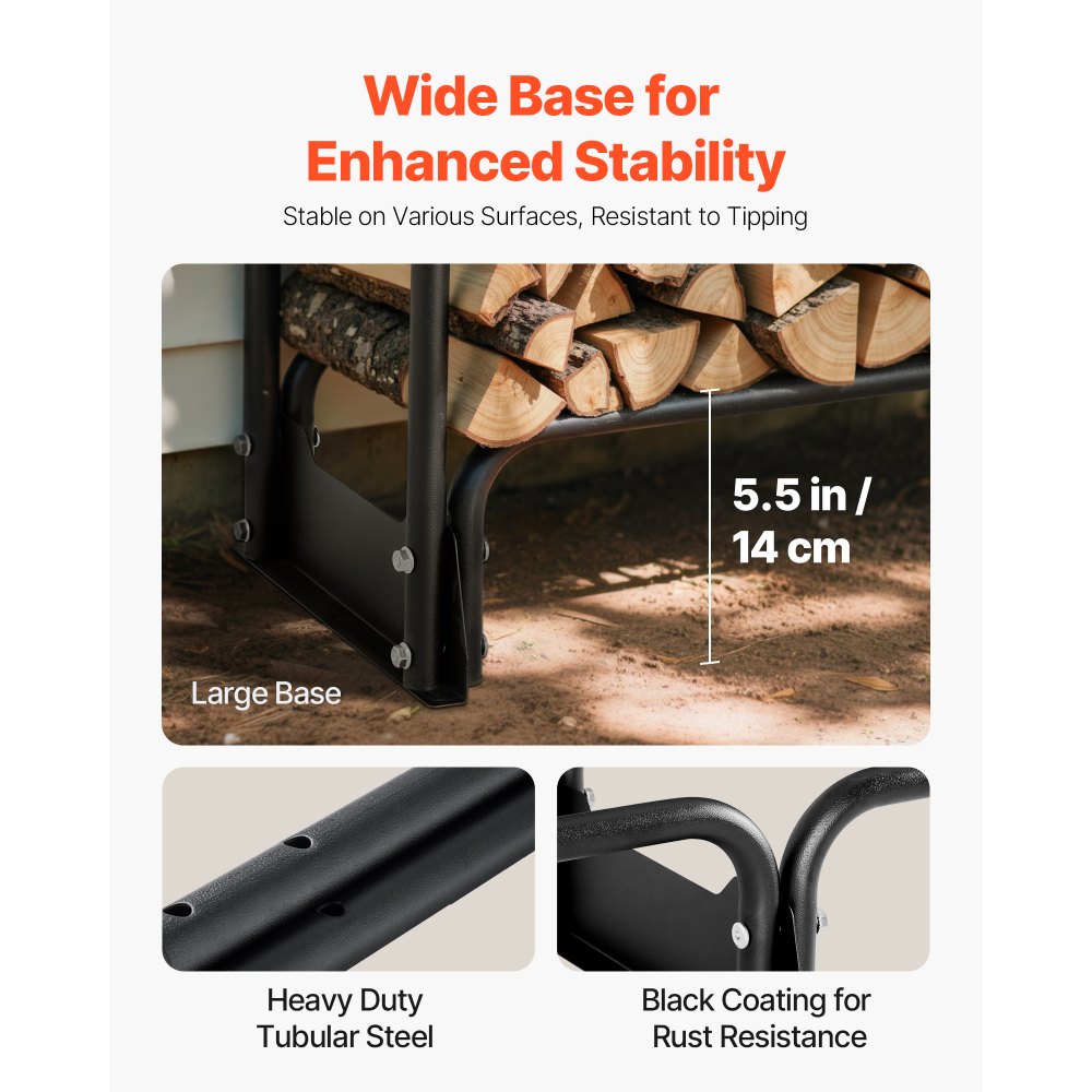 Firewood Rack with Waterproof Cover, 2.57m Outdoor Firewood Holder, 1/2 Cord Storage Metal Log Holder, 299kg Max Weight Capacity, Top Covered, Powder-Coated Wood Storage Rack for Fireplace Deck