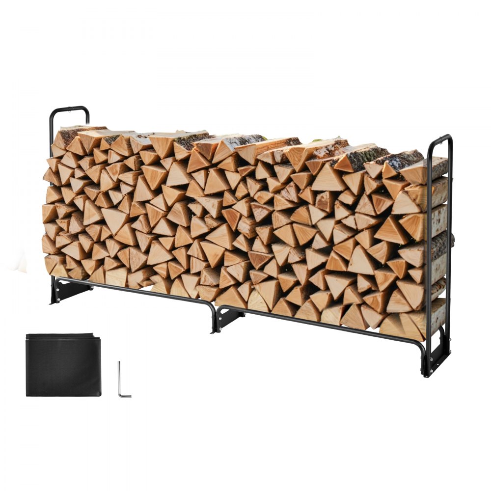 Firewood Rack with Waterproof Cover, 2.57m Outdoor Firewood Holder, 1/2 Cord Storage Metal Log Holder, 299kg Max Weight Capacity, Top Covered, Powder-Coated Wood Storage Rack for Fireplace Deck