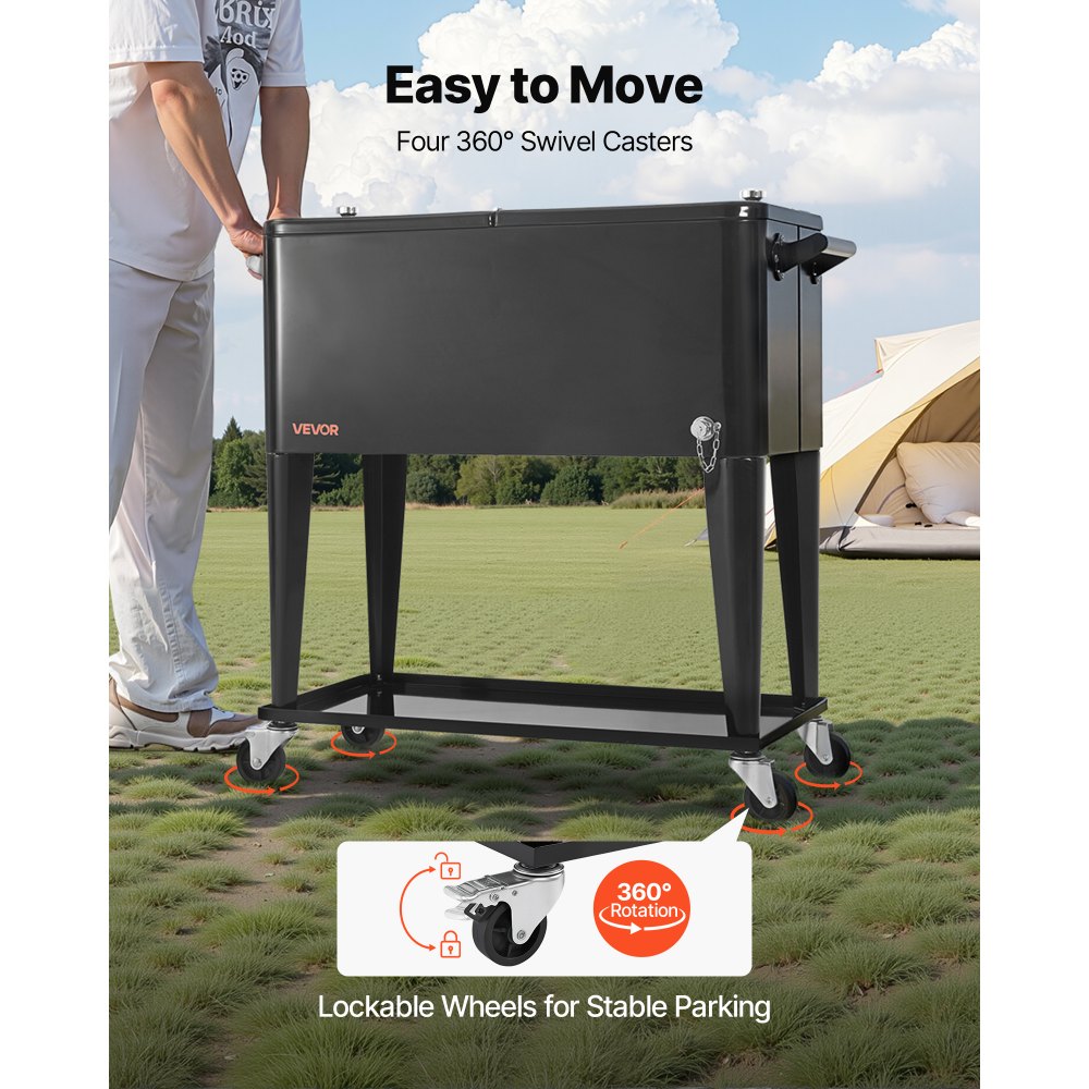 75.71L Rolling Ice Chest on Wheels Patio Party Bar Drink Cooler Cart Black