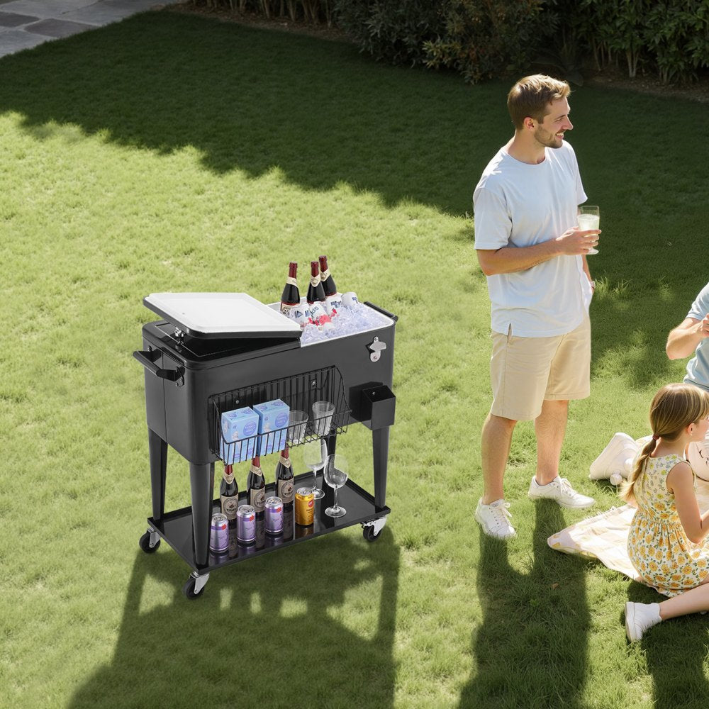 75.71L Rolling Ice Chest on Wheels Patio Party Bar Drink Cooler Cart Black