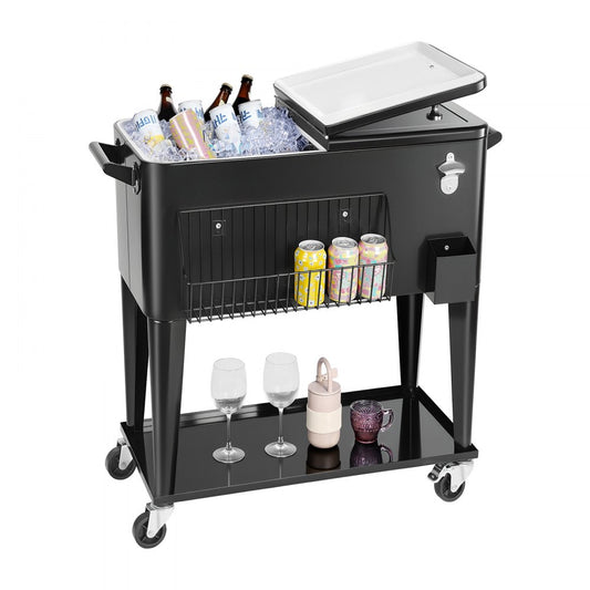 75.71L Rolling Ice Chest on Wheels Patio Party Bar Drink Cooler Cart Black