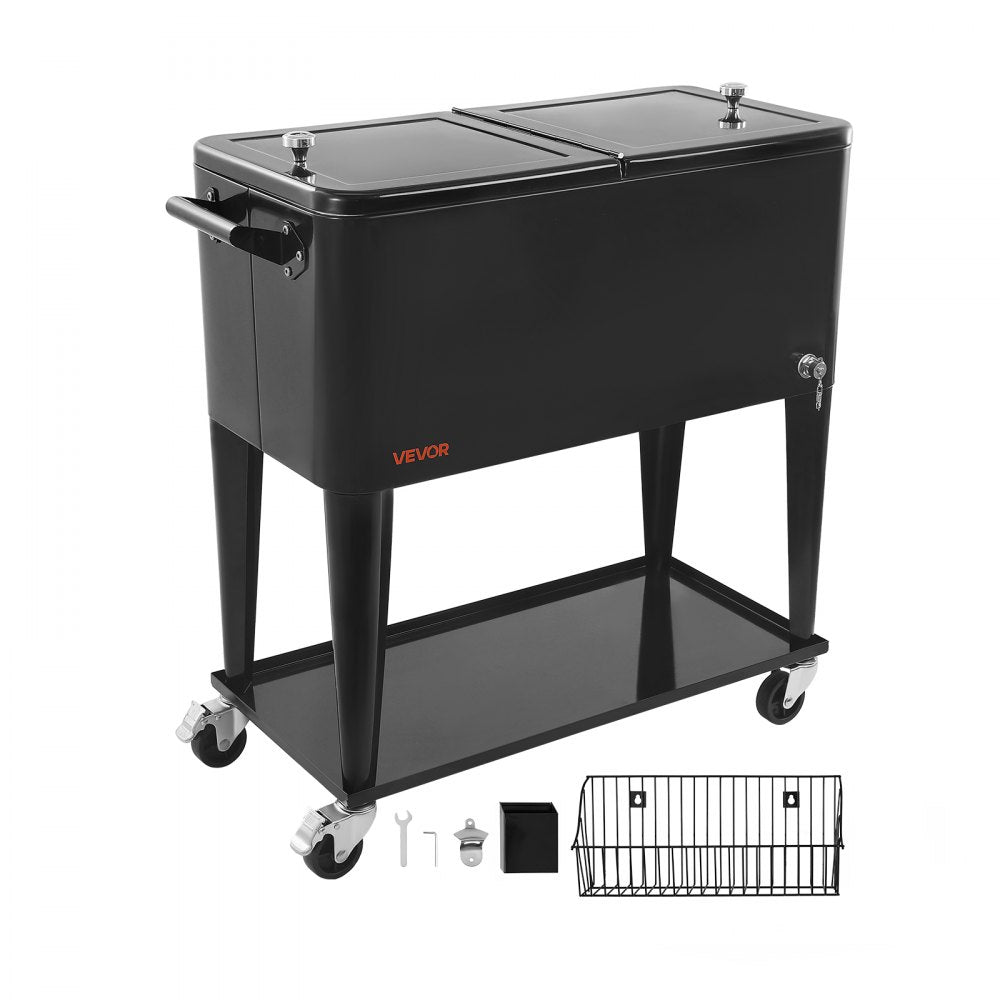 75.71L Rolling Ice Chest on Wheels Patio Party Bar Drink Cooler Cart Black