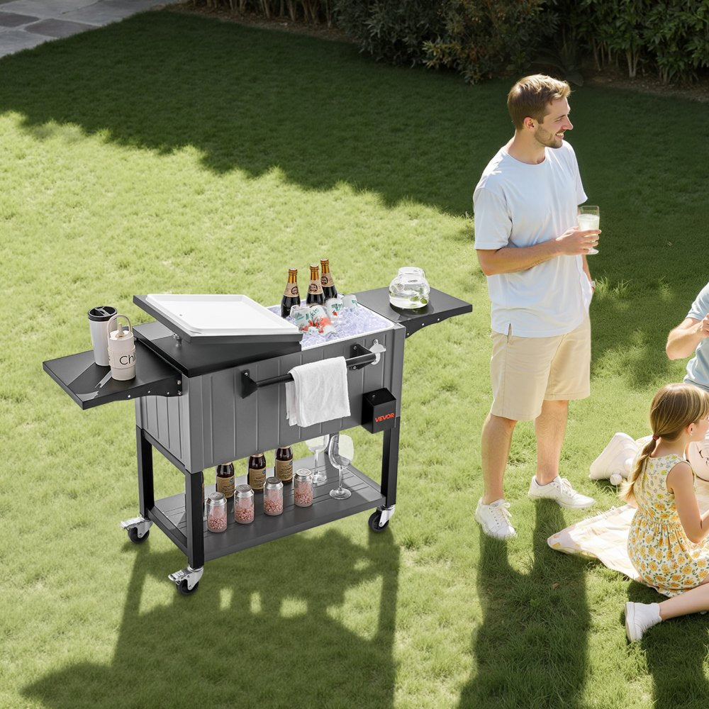 75.7L Rolling Ice Chest on Wheels Party Drink Cooler Cart w/ Side Shelves