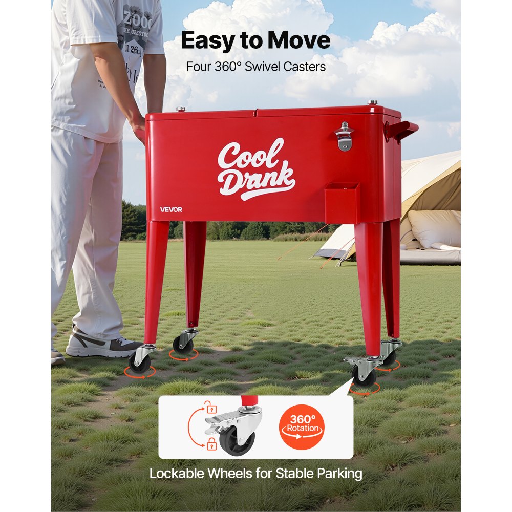 75.71L Rolling Ice Chest on Wheels Patio Party Bar Drink Cooler Cart Red