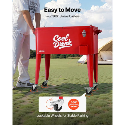 75.71L Rolling Ice Chest on Wheels Patio Party Bar Drink Cooler Cart Red