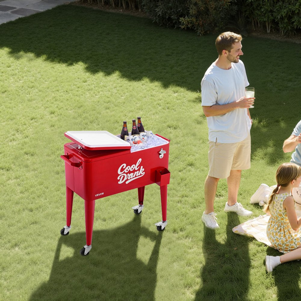 75.71L Rolling Ice Chest on Wheels Patio Party Bar Drink Cooler Cart Red
