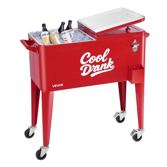 75.71L Rolling Ice Chest on Wheels Patio Party Bar Drink Cooler Cart Red