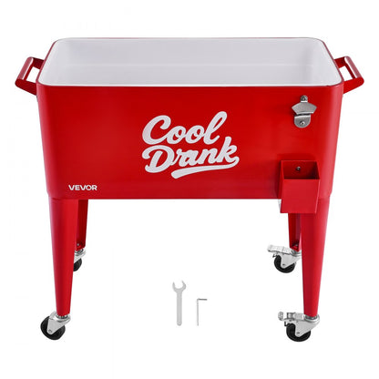 75.71L Rolling Ice Chest on Wheels Patio Party Bar Drink Cooler Cart Red