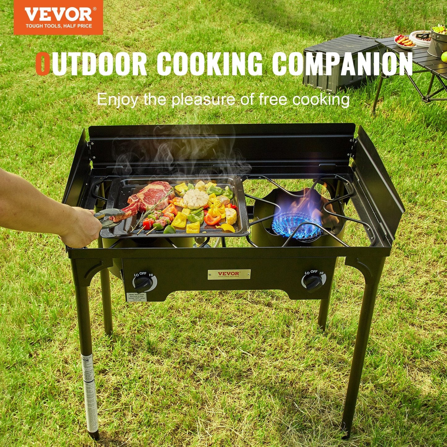 Double Burner Outdoor Gas Stove, 60,000 BTU, with Windscreen & Detachable Legs