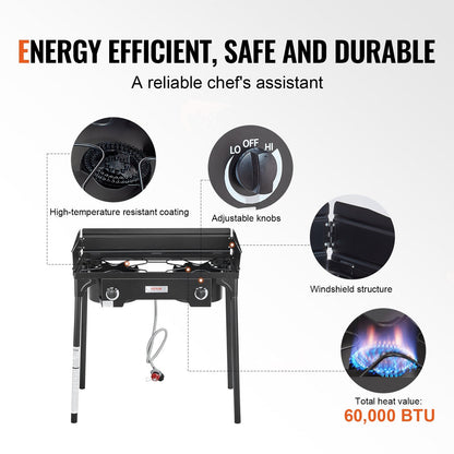 Double Burner Outdoor Gas Stove, 60,000 BTU, with Windscreen & Detachable Legs