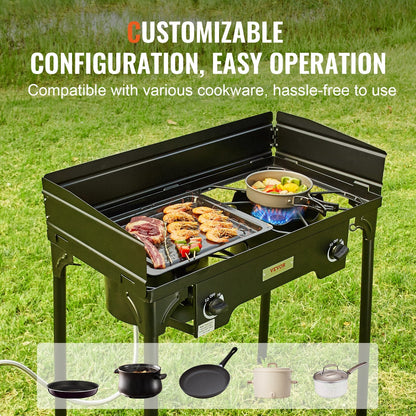Double Burner Outdoor Gas Stove, 60,000 BTU, with Windscreen & Detachable Legs