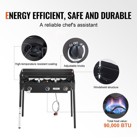 Triple Burner Outdoor Camping Stove, 90,000-BTU, Heavy Duty Gas Cooker