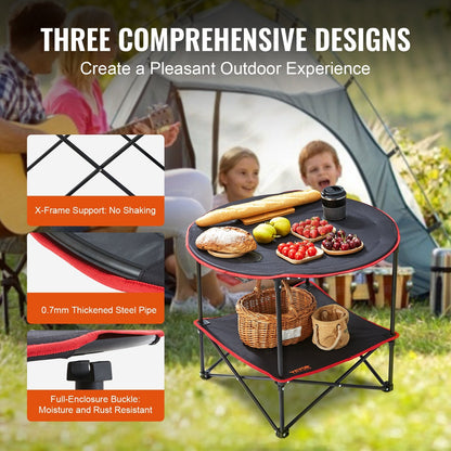 Portable Folding Camping Table with Storage, 0.72m x 0.72m, 25kg Capacity, Black