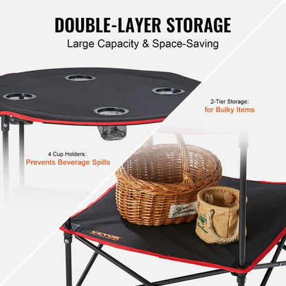 Portable Folding Camping Table with Storage, 0.72m x 0.72m, 25kg Capacity, Black