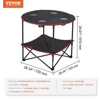 Portable Folding Camping Table with Storage, 0.72m x 0.72m, 25kg Capacity, Black