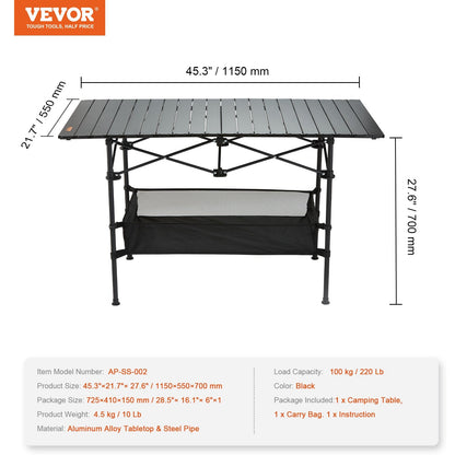 Lightweight Folding Camping Table with Storage, 1.15m x 0.55m, 100kg Capacity