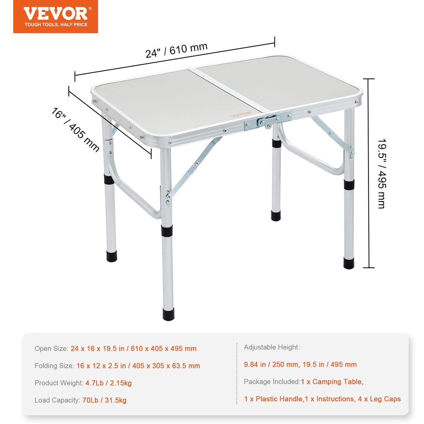 VEVOR Folding Camping Table, Adjustable Height Outdoor Portable Side Tables, Lightweight