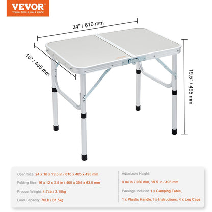 Lightweight Folding Camping Table with Adjustable Height, 0.6x0.4 M, Silver