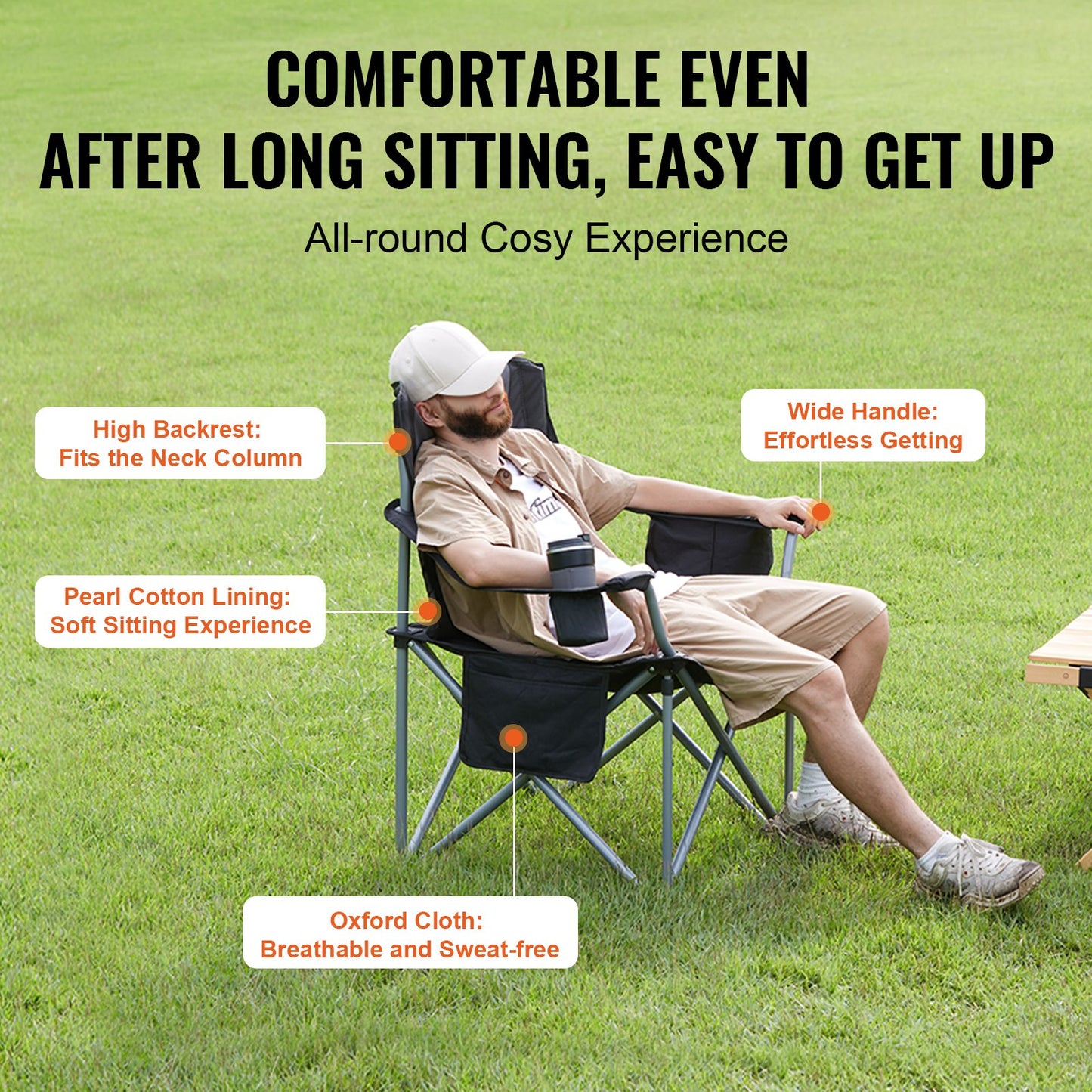 VEVOR Camping Folding Chair for Adults, Portable Heavy Duty Outdoor Quad Lumbar