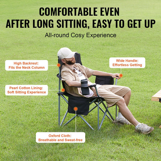 Heavy Duty Folding Chair for Adults, Portable with Lumbar Support & Storage