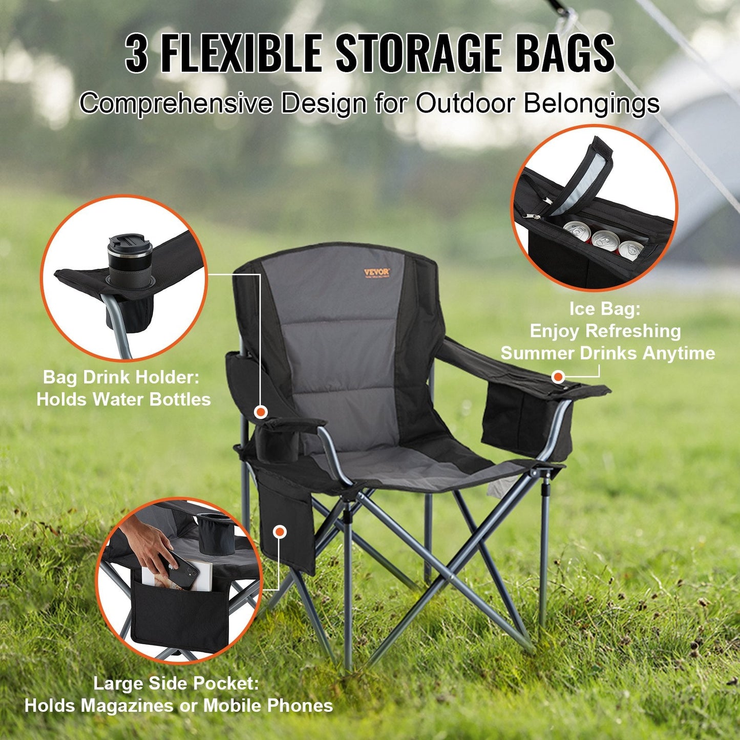 Heavy Duty Folding Chair for Adults, Portable with Lumbar Support & Storage