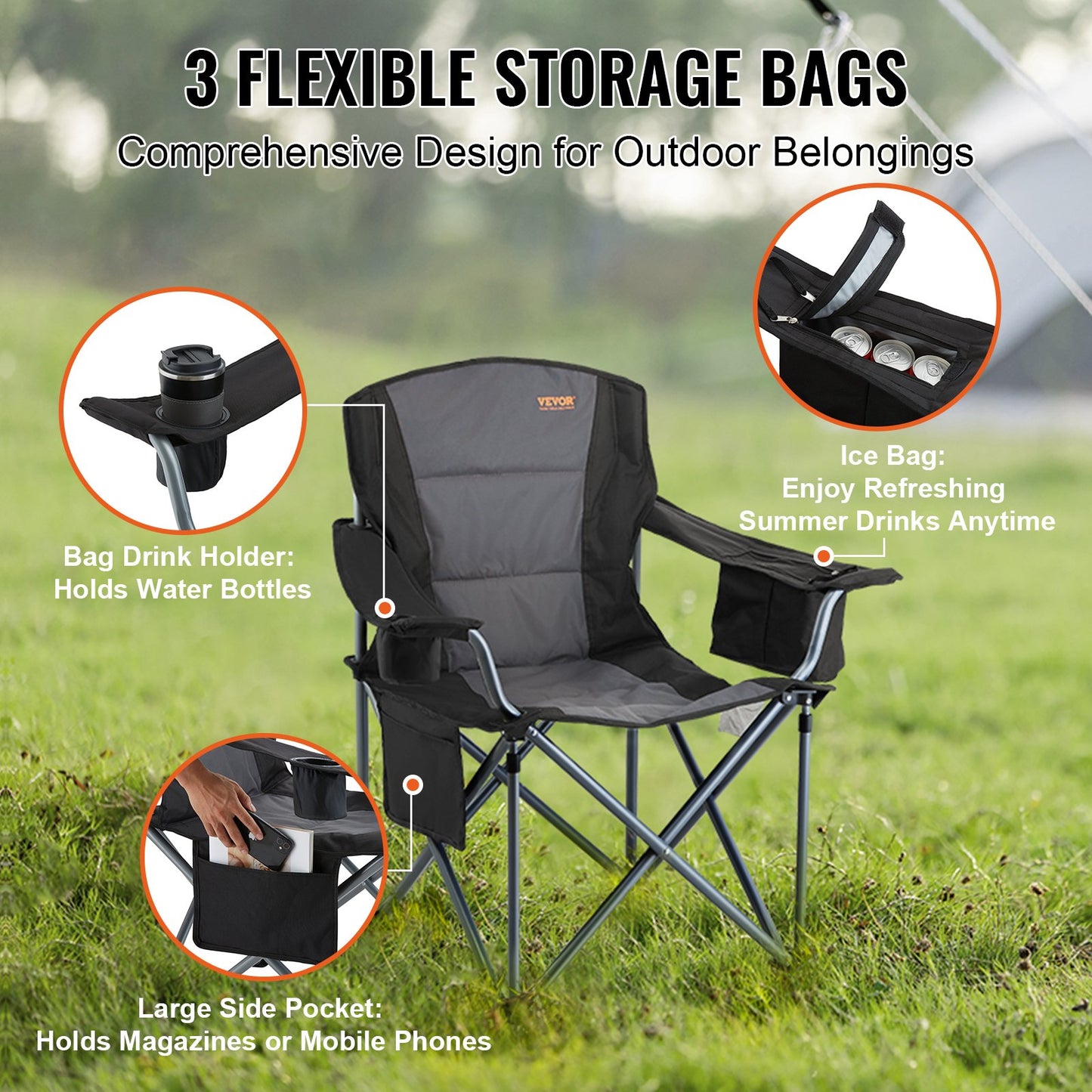VEVOR Camping Folding Chair for Adults, Portable Heavy Duty Outdoor Quad Lumbar