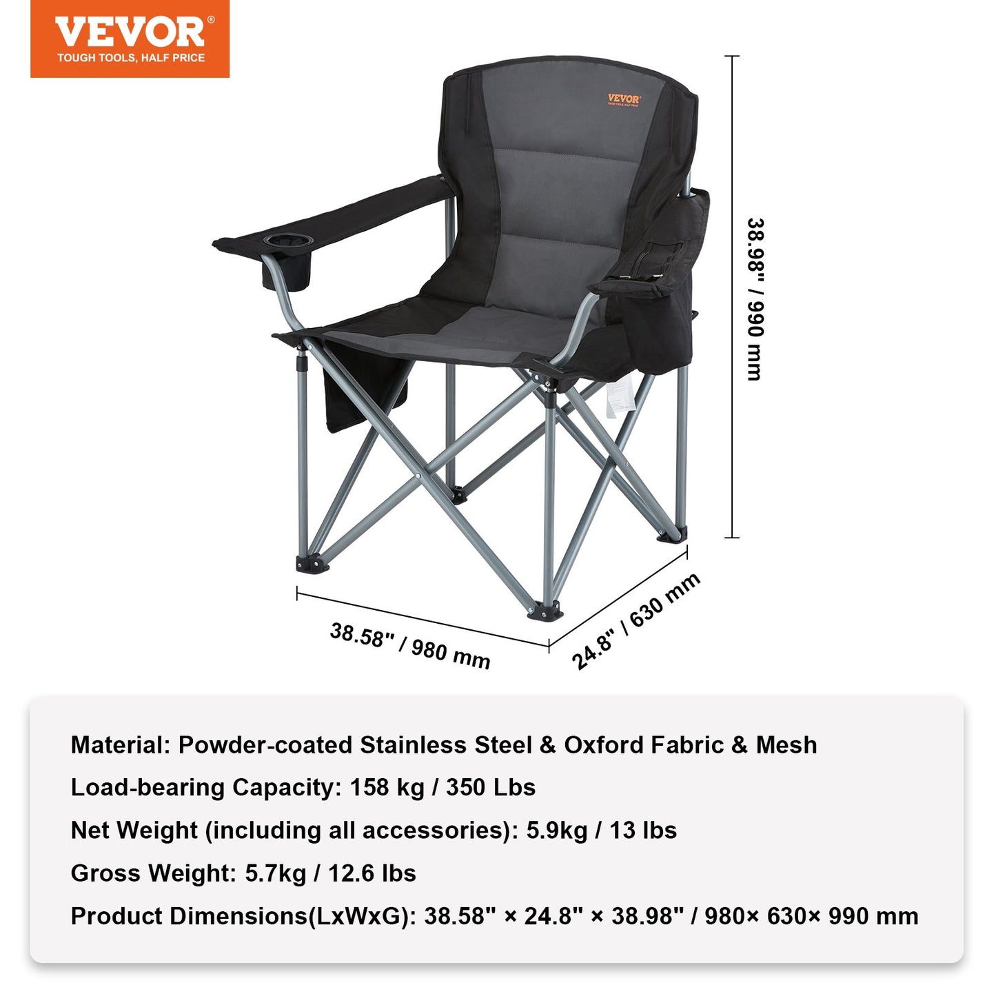 VEVOR Camping Folding Chair for Adults, Portable Heavy Duty Outdoor Quad Lumbar
