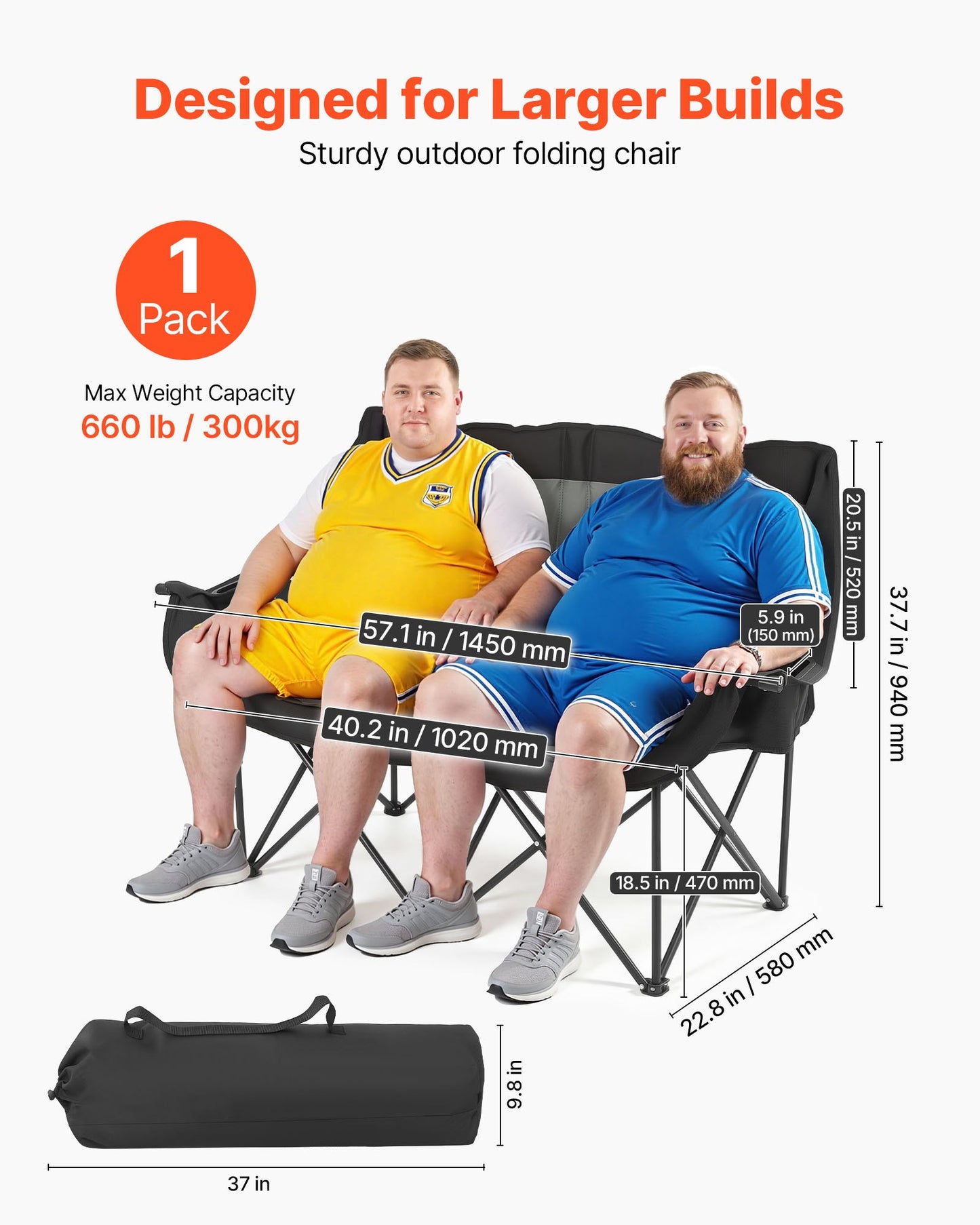 Double Camping Chair, Oversized Two Person Camp Chair with 300 kg Heavy Duty Support, with Dual Cup Holders, Wine Glass Holders, Magazine Straps, Carry Bags for Outdoor, Beach, 1 Pack