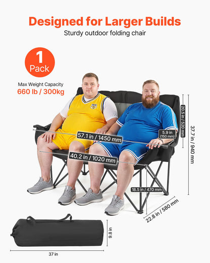 Double Camping Chair, Oversized Two Person Camp Chair with 300 kg Heavy Duty Support, with Dual Cup Holders, Wine Glass Holders, Magazine Straps, Carry Bags for Outdoor, Beach, 1 Pack
